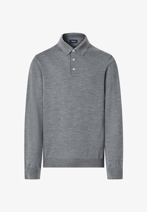 Graues Langarmpolo aus glattem Material, ausgestattet mit einem klassischen Kragen, einer Dreiknopfblende sowie gerippten Bündchen und Saum.