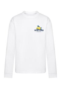 Tricou alb cu mânecă lungă, având un grafic de lămâie albastră și galbenă, cu textul "AROMĂ PROASPĂTĂ" și "Limonadă" scris dedesubt în albastru închis.