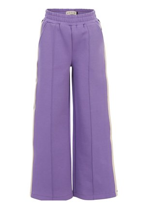 Wijde paarse joggingbroek met elastische tailleband en witte zijstrepen, met voorzakken en verticale naaddetails.