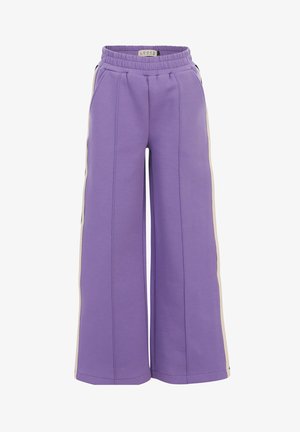 Wijde paarse joggingbroek met elastische tailleband en witte zijstrepen, met voorzakken en verticale naaddetails.