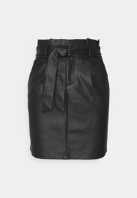 Black leather skirt with a belted waist, featuring a smooth texture and straight silhouette, designed with a front tie detail.