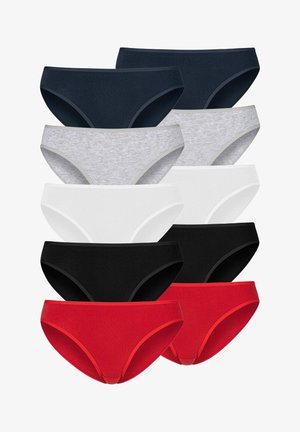 Ten pairs of women's panties in black, white, gray, navy, and red. They feature a smooth, stretchy fabric and mid-rise design.