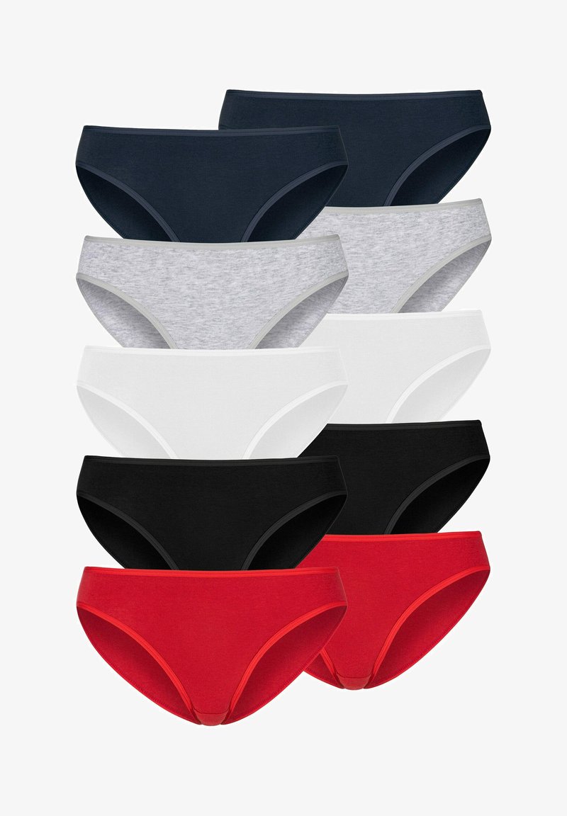 Dix paires de culottes pour femmes en noir, blanc, gris, bleu marine et rouge. Elles sont fabriquées dans un tissu lisse et extensible, avec un design taille medium.