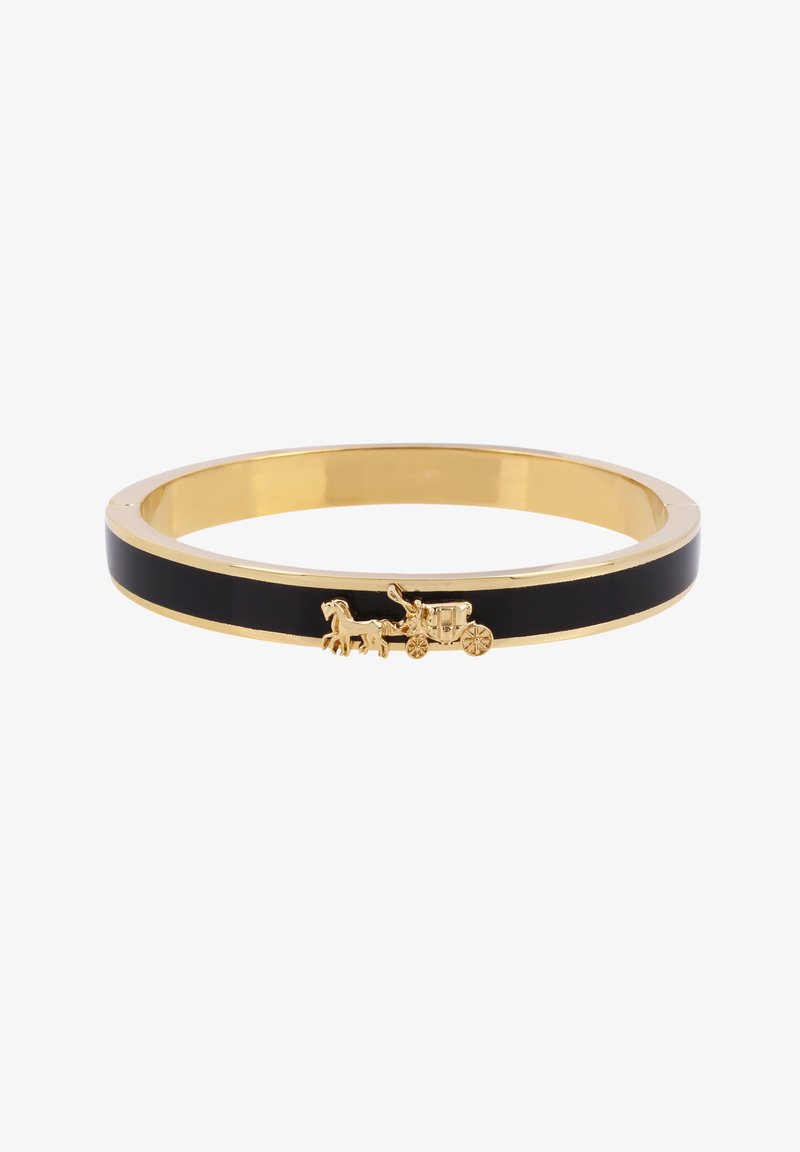 Gold-tone bangle with a black enamel stripe, featuring a detailed gold horse and carriage charm. Sleek design with a smooth surface.