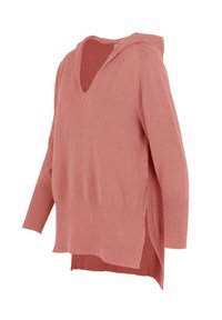 Maglioncino a cappuccio rosa chiaro con scollatura a V, maniche lunghe, fessure laterali e orlo a costine testurizzato. Tessuto a maglia morbida con vestibilità comoda.