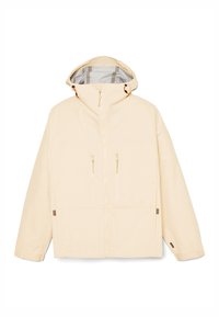 Beige waterdichte jas met een capuchon, rits aan de voorkant, twee ritszakken en verstelbare manchetten. Gladde textuur en minimalistisch ontwerp.