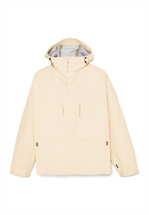 Beige waterproof jacket with a hood, zip front, two zippered pockets, and adjustable cuffs. Smooth texture and minimalist design.