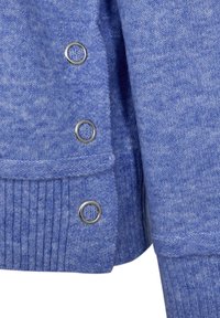 Blauwe gebreide trui met een geribde zoom, metalen knoopaccenten en een gestructureerde stof. De kleur is een zachte, lichte blauwe tint met een gemêleerd patroon.