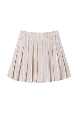 Jupe mini plissée beige avec des rayures verticales blanches et violet clair et une ceinture élastique.