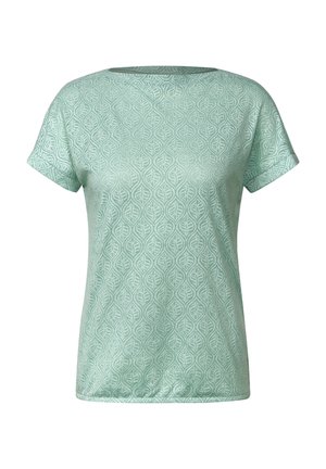 Mint green t-shirt with short sleeves, featuring a textured leaf pattern. Round neckline and relaxed fit. Soft, lightweight fabric.