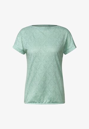 Minzgrünes T-Shirt mit kurzen Ärmeln, das ein strukturiertes Blattmuster aufweist. Runder Halsausschnitt und lockere Passform. Weicher, leichter Stoff.
