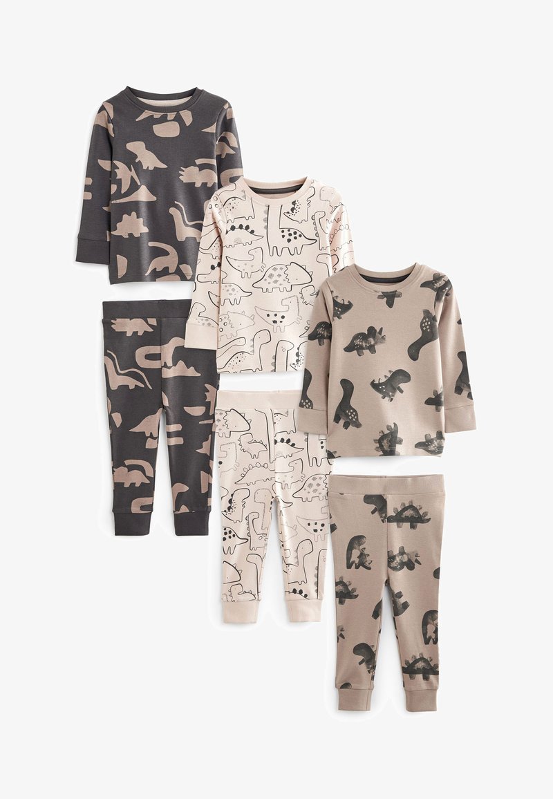 Set aus vier Kinder-Pyjamas aus weicher Baumwolle. Mit verschiedenen Dinosaurier-Mustern in Grau-, Beige- und Schwarztönen. Langärmlige Oberteile und Hosen.
