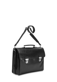Black leather briefcase with two silver clasps, a top handle, and a long adjustable shoulder strap with padding.