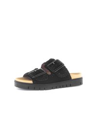 Zwarte suède slide sandalen met twee verstelbare gespen, een textuur trim en een contrasterende lichtbruine voetbed. Dikke zwarte rubberen zool.