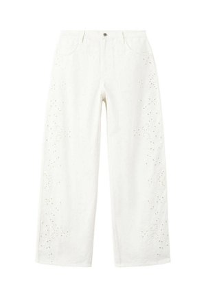 Pantalon blanc à jambes larges avec broderie œillets florale le long des côtés extérieurs, poches avant et fermeture par bouton à la taille.