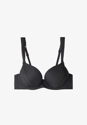 Czarny stanik z drucikami, z formowanymi miseczkami, gładką teksturą, regulowanymi ramiączkami oraz falbaniastym wzorem wzdłuż miseczek i obwodu.