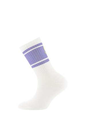 White crew sock with ribbed purple band and two white stripes near the top, displayed on a plain white background.