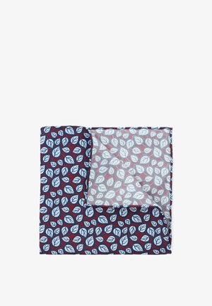 Szalik w wzory z granatowym tłem, na którym znajdują się niebieskie i białe wzory liści. Częściowo przezroczysty, z gładką fakturą w jednym rogu.