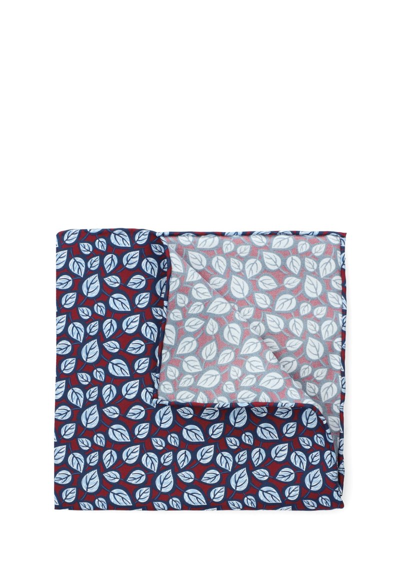 Szalik w wzory z granatowym tłem, na którym znajdują się niebieskie i białe wzory liści. Częściowo przezroczysty, z gładką fakturą w jednym rogu.