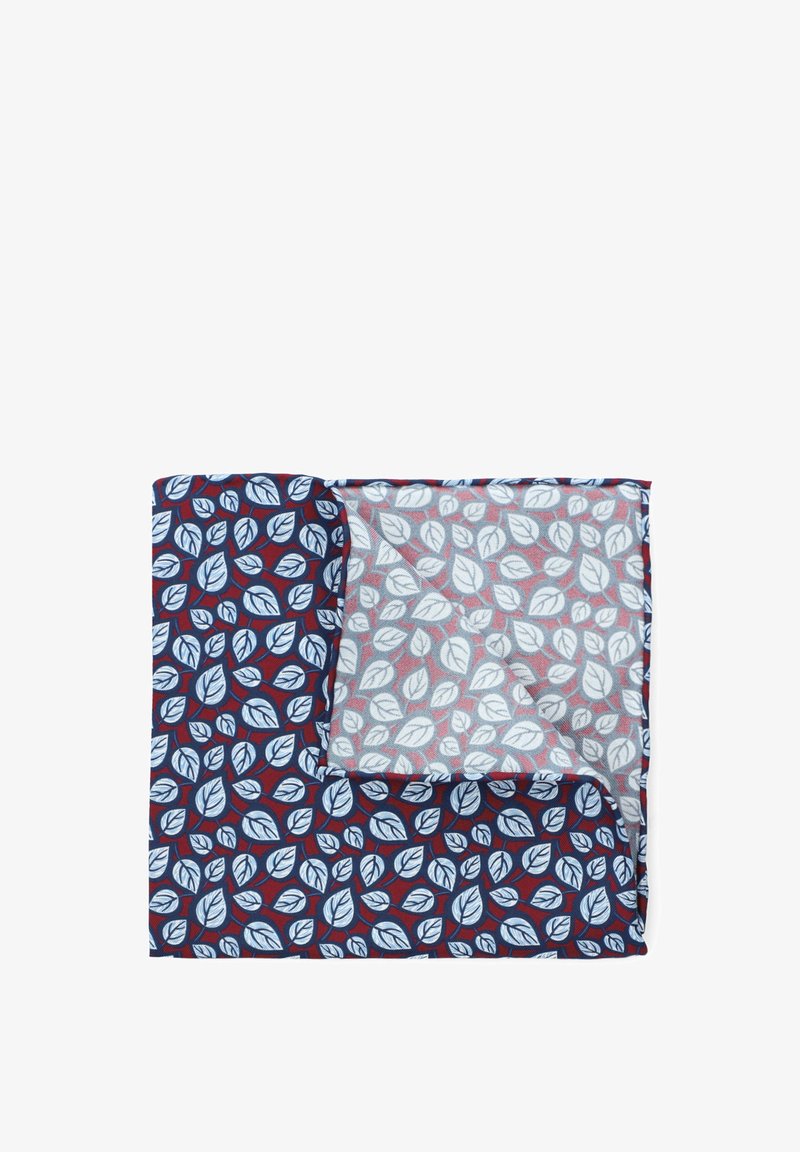 Szalik w wzory z granatowym tłem, na którym znajdują się niebieskie i białe wzory liści. Częściowo przezroczysty, z gładką fakturą w jednym rogu.