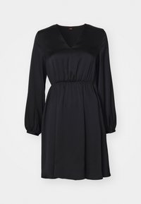 Black satin dress with a V-neckline, long puff sleeves, and a cinched waist. Smooth texture, flowing design, knee-length hem.