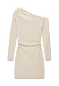 Beige one-shoulder dress with long sleeves, ruched side detailing, smooth fabric texture, and two decorative buttons at the shoulder.