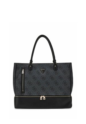 Sac fourre-tout Guess noir et gris avec motif logo, deux poignées, une poche zippée verticale et un compartiment zippé horizontal à la base.