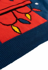 Maglione rosso a maglia con contorni neri e design di lampadine colorate gialle, blu e verdi sul petto. Orlo a coste blu.