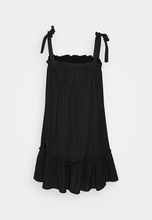 Schwarzes ärmelloses Kleid mit gerüschtem Saum aus leichtem Stoff. Verfügt über dünne, verstellbare Träger an den Schultern und eine geraffte Textur an der Brust.