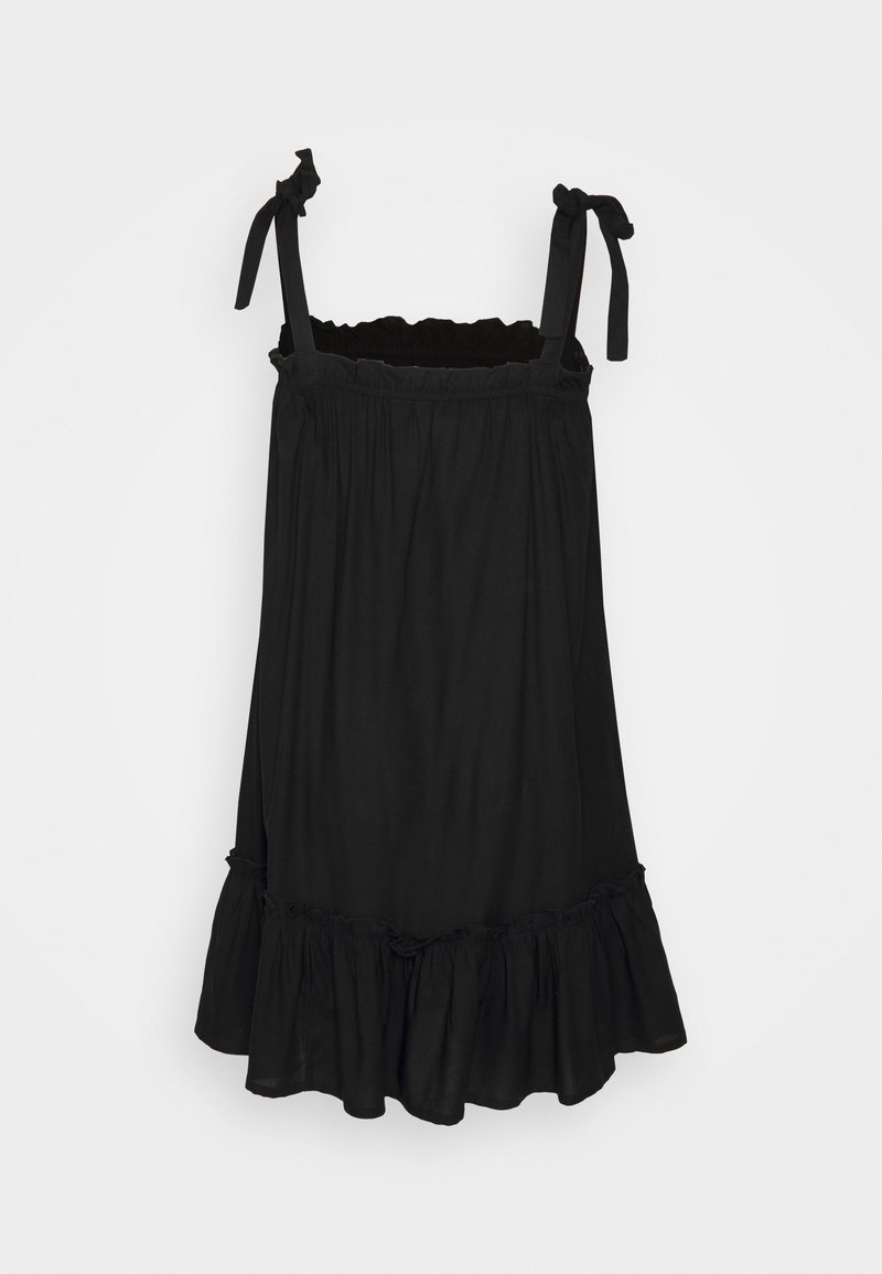 Robe noire sans manches avec ourlet à volants, en tissu léger. Comprend des liens fins et ajustables aux épaules et une texture froncée au niveau de la poitrine.