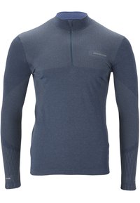 Langærmet atletisk top i mørkeblå, med teksturerede paneler, en kvart længde lynlås og et tætsiddende design. Lavet af åndbart stof.