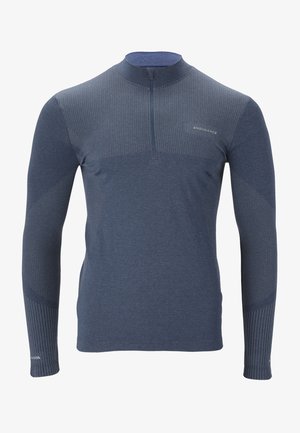 Langärmliges Sportoberteil in Dunkelblau, mit strukturierten Einsätzen, einem Viertelreißverschluss und einem schlanken Schnitt. Hergestellt aus atmungsaktiver Stoff.