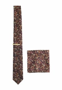 Raštuotų kaklaraiščio ir kišeninio kvadratėlio rinkinys. Tamsiai burgundiška su gėlių motyvais kremine, oranžine ir mėlyna spalvomis. Lygus paviršius; plonas dizainas.