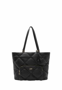 Black quilted tote bag with double handles, front zip pocket, and golden hardware accents. Made of smooth faux leather with a soft texture.