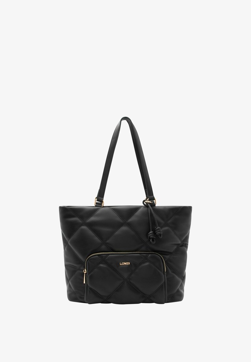 Black quilted tote bag with double handles, front zip pocket, and golden hardware accents. Made of smooth faux leather with a soft texture.