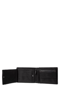 Cartera de tri-fold de cuero negro abierta, mostrando múltiples ranuras para tarjetas, un bolsillo con cremallera para monedas y una sección con botón a presión.