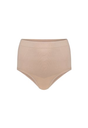 Beige naadloos hooggetailleerd ondergoed met brede tailleband en gladde stof voor een comfortabele pasvorm, weergegeven op een witte achtergrond.