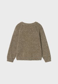 Maglione lavorato a maglia in mélange marrone e beige con maniche lunghe, scollatura rotonda, polsini e orlo a coste. Tessuto testurizzato con un aspetto morbido e caldo.