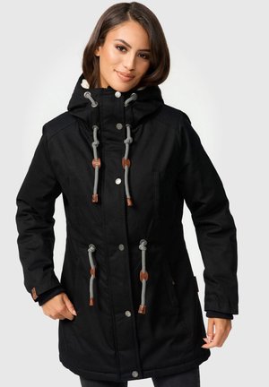 Black outerwear jacket with a hood, featuring silver snaps, contrasting drawstrings, and brown leather accents. Textured fabric with side pockets.