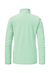 Mintgrünes Fleece-Jackett mit langen Ärmeln und hohem Kragen, von hinten auf einem weißen Hintergrund gezeigt.