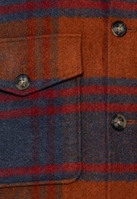 Zbliżenie na kieszeń kurtki z wełnianego płaszcza w kratę z brązowymi, czerwonymi i niebieskimi paskami oraz ciemnymi, okrągłymi guzikami.