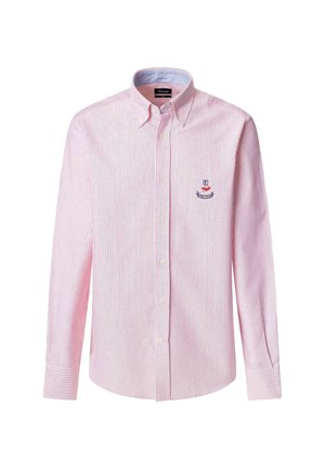 Camicia a maniche lunghe a righe rosa chiaro e bianco, colletto button-down, logo ricamato sul lato sinistro del petto, tessuto in cotone, superficie liscia.