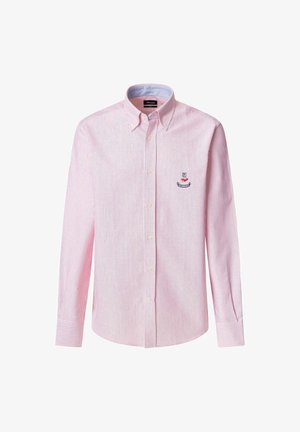 Camisa de manga larga a rayas en rosa claro y blanco, con cuello tipo camisa y logo bordado en el lado izquierdo del pecho, fabricada en algodón con una textura suave.