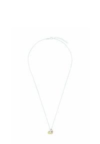 Silverfärgad kedjähalsband med ett hjärtformat hänge med detaljer i guld och roséguld. Designen är elegant och minimalistisk.