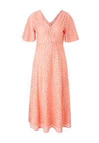 Robe midi en dentelle rose corail avec manches courtes évasées, décolleté en V et superposition à motif floral.