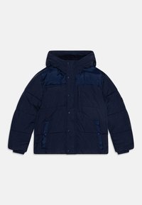 Pomorska plava pufasta jakna s kapuljačom, koja ima zatvarač sprijeda, š snap dugmadi i bočnim džepovima; quilted tekstura i kontrastni panel.