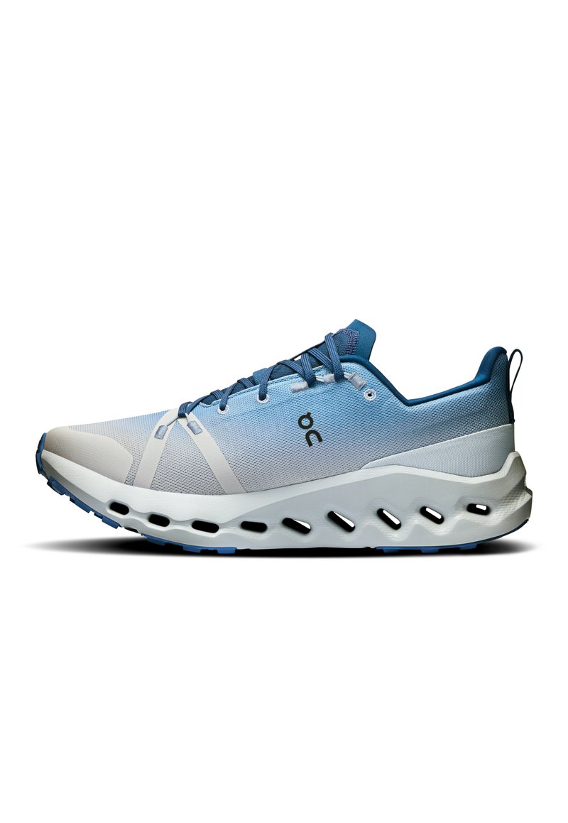 Lightweight running shoe in gradient blue and white, featuring a breathable mesh upper, cushioned sole with cutouts, and lace-up design.