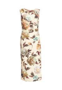 Robe midi beige sans manches avec un grand imprimé floral dans des tons doux d’orange, crème, bleu et marron, avec un détail froncé à la taille.
