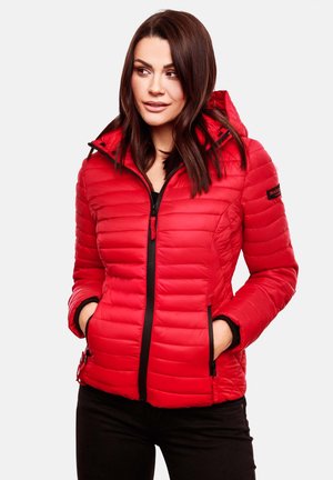 Red puffer jacket with a zippered front, hood, and side pockets. Features quilted pattern and black accents on zipper and cuffs.