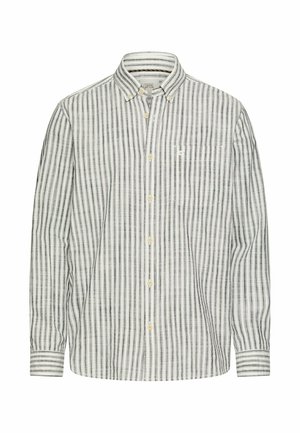 Men's long-sleeve button-up shirt with black and white vertical stripes and a chest pocket on the left side.
